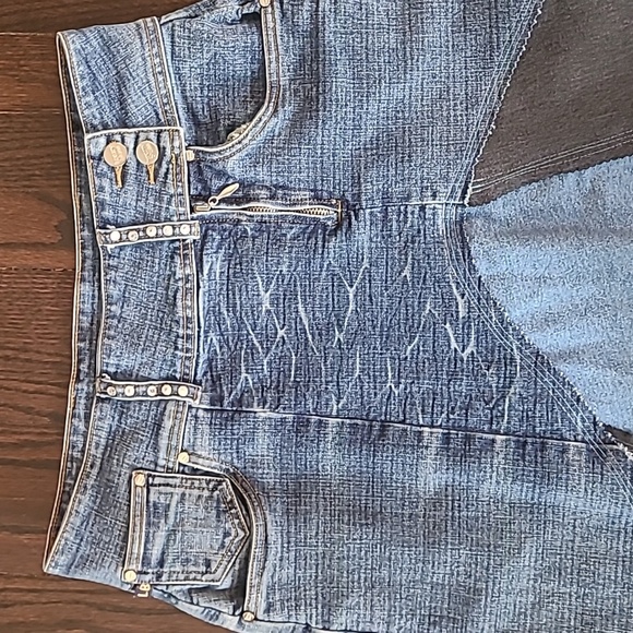 UPCYCLED Blue Black Patchwork Distressed Denim Skirt Wmns 13/14 Waist 32 Boho - Picture 7 of 16